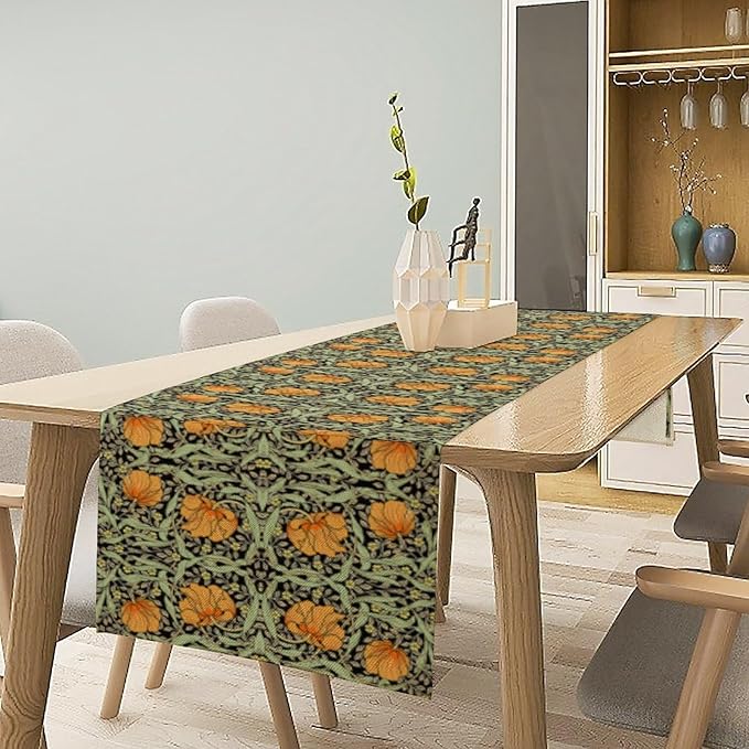 William Morris Vintage Floral Table Runner Farmhouse Sage Green Orange Art Printed Dinner Runner for Home Kitchen Dining Table Decor Fabric 1 Panel W13xL70in