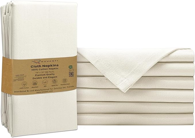 Ruvanti Cloth Napkins Set of 6, 100% Cotton High GSM 18x18 Inches Soft, Washable, Highly Durable & Absorbent, Perfect for Parties, Christmas, Thanksgiving Dinners – Antique White