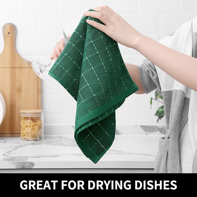 Homaxy Kitchen Towels and Dishcloths Set, 12 x 12 and 13 x 28 Inches, Set of 16 Bulk Cotton Terry Kitchen Towels Set, Checkered Designed, Soft and Super Absorbent Dish Cloths, Dark Green