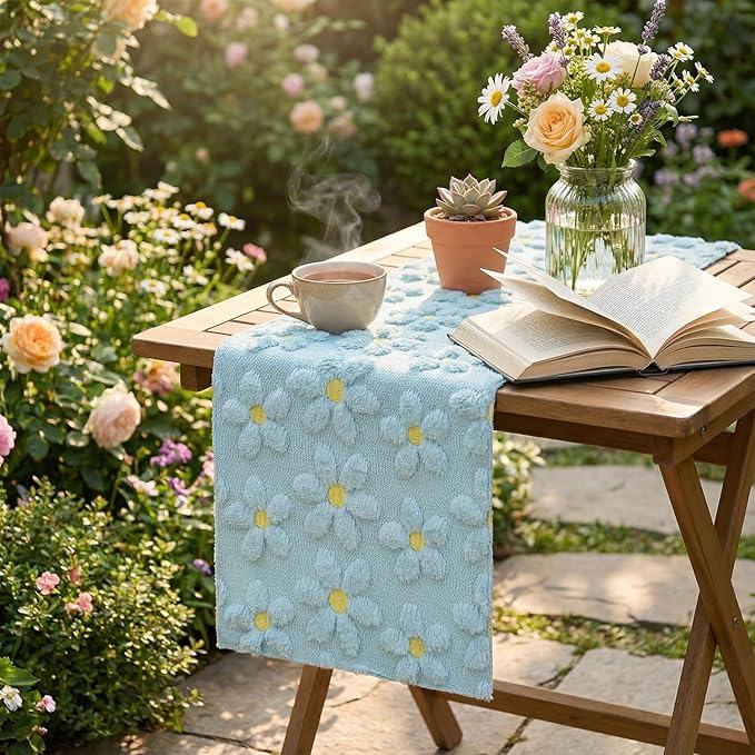 Artoid Mode Blue Soft Plush Faux Fur Jacquard Embroidery Daisy Spring Table Runner, Kitchen Dining Table Decoration for Home Party Decor 13x48 Inch