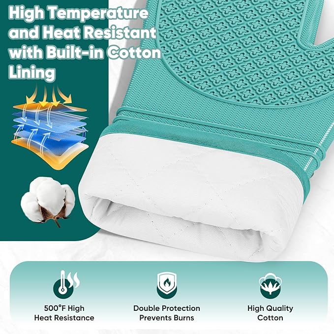 Silicone Oven Mitts, Heat Resistant Oven Gloves with Quilted Liner, Waterproof & Non-Slip Kitchen Mittens for Baking Cooking BBQ, 500°F, 12.5"-Aqua Sky
