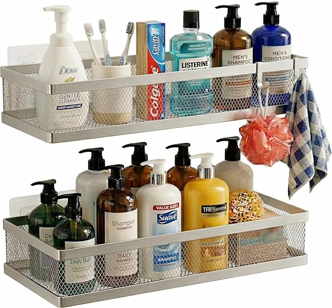 PUSDON Mesh Shower Caddy Wall Mount, Heavy Duty Adhesive Bathroom Shelf Organizer, Rustproof Floating Spice Rack for Kitchen Pantry, Holds 50 LBS, Multi-Purpose Storage Silver Gray -2 Packs (Netting)