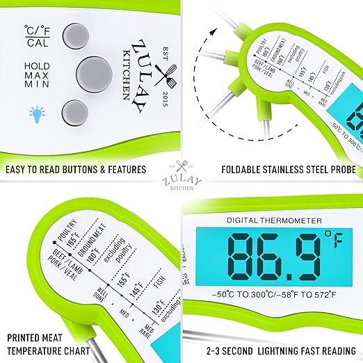 Zulay Instant Read Food Thermometer - Waterproof Digital Meat Thermometer with Backlight, Calibration & Internal Magnetic Mount - Cooking Thermometer for Meat, Kitchen, BBQ & Grill (Green)