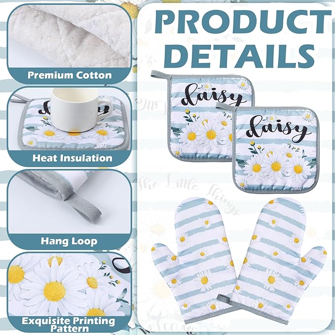 Bencailor 6 Pcs Daisy Kitchen Decor Blue Towels Daisy Pot Holders and Oven Mitts Sets for Farmhouse Kitchen Decor Summer Flower Home Decoration Housewrming Gifts
