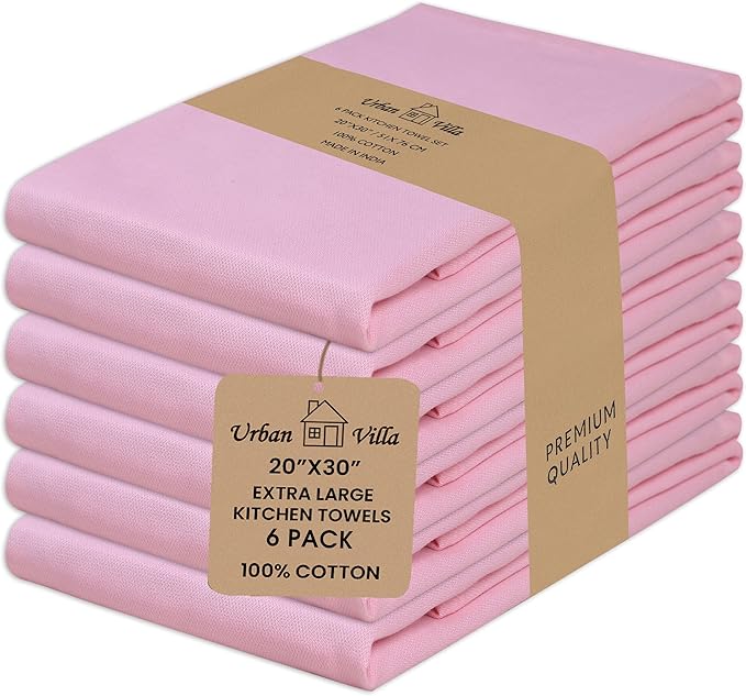 Urban Villa Kitchen Towels 100% Cotton Dish Towels for Kitchen(Set of 6) 20”x30” Dish Cloths Highly Absorbent Kitchen Linen Set with Hanging Loop Perfect for Drying Dishes Cleaning Hand Towels – Pink