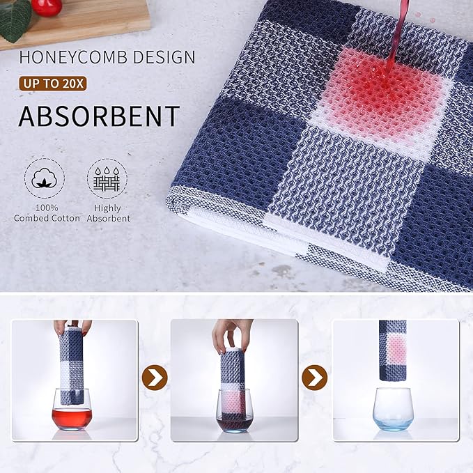 Mordimy 100% Cotton Waffle Weave Kitchen Towels, 13 x 28 Inches, Super Soft and Absorbent Buffalo Check Dish Towels for Drying Dishes, 4-Pack, White & Navy Blue