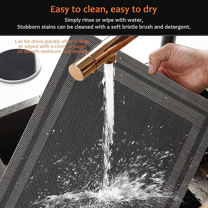 Placemats Set of 8 Washable&Wipeable Place mats for Dining Table Kitchen Indoor Outdoor Table Mats Heat Resistant Non Slip Woven Vinyl Table Placemats (Black，8PCS)