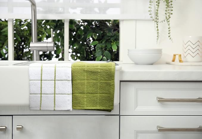 100% Cotton Terry Dish Cloth & Dish Towel, 8 Pack, Super Soft and Absorbent Kitchen Towels, Perfect for Kitchen Cleaning and Dish Washing (Green (Solid and Checks) 8 Pack)