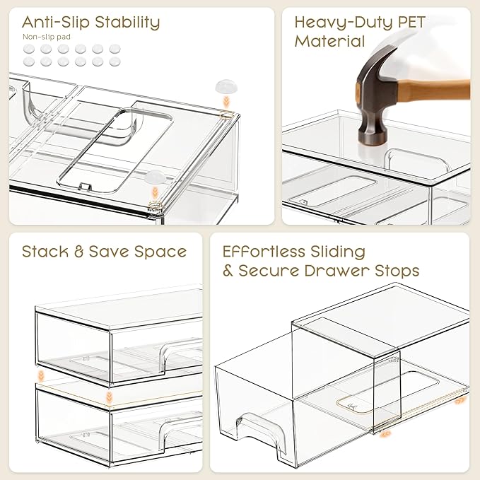 Criusia Stackable Storage Drawers, 4 Pack Clear Plastic Makeup & Bathroom Organizer, Versatile Storage Bins for Vanity, Under Sink, Kitchen Cabinets & Pantry