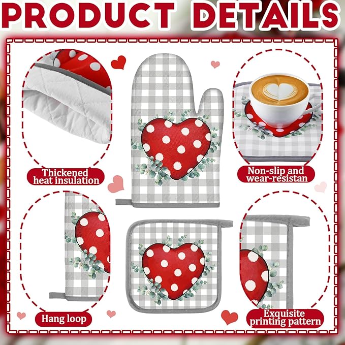 VitalCozy Set of 10 Valentine's Day Kitchen Towels Heart Kitchen Mats Oven Mitts and Pot Holders Set Absorbent Red Tea Hand Towels Valentine's Day Decorative Towel for Baking Cooking BBQ