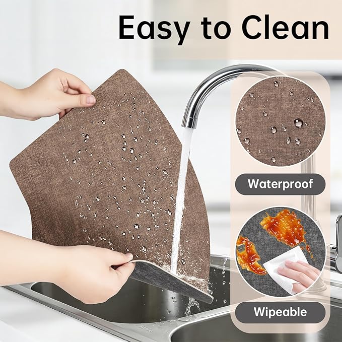 Round Table Placemats Set of 6, Dual-Sided Wedge Shape Faux Leather Table Mats, Washable Wipeable Heat Resistant Place Mats for Outdoor Indoor, Brown Gray