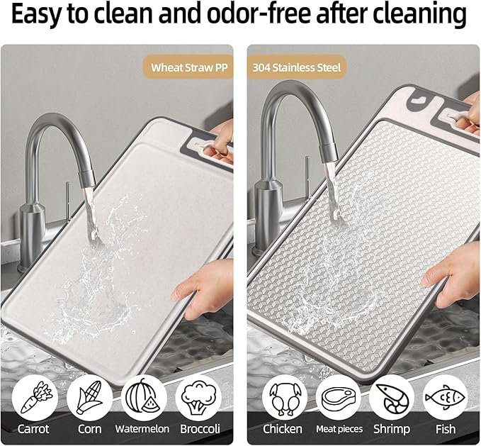 2 In 1 Cutting Boards Non Toxic for Gourmet Kitchen Aficionados - 304 Stainless Steel and Food Grade Wheat Straw Double Sided Design - Scratch-Resistant Mesh - Easy-Clean With Juice Groove (15”×10”)