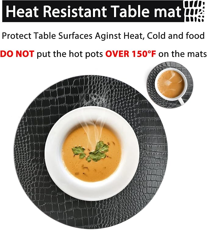Round Leather Placemats for Round Tables Set of 6, Black Table Place Mats and Coasters, Washable Easy to Care for Indoor Decor 13" Diameter