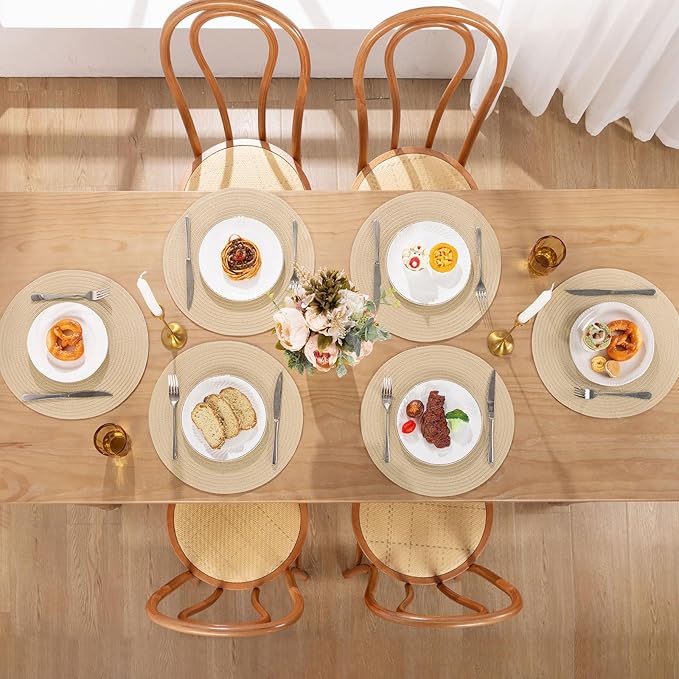 SHACOS 15 inch Round Braided Placemats Set of 6 Cotton Polyester Heat Resistant Table Mats Washable Place Mats for Dinner Party Table Decoration (Light Beige, 6)
