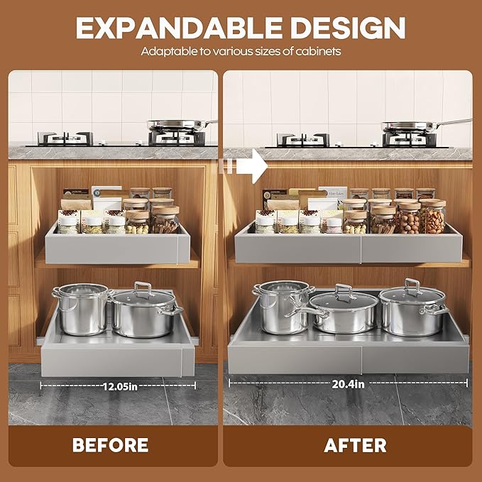 Seinloes 4Pack Expandable Pull Out Cabinet Organizer 21" Deep with Raising Pad for Framed Cabinets,Slide Out Drawers with 4pcs Divider Racks,Roll Out Shelves,Adjustable Width 12.05"-20.4" Silver