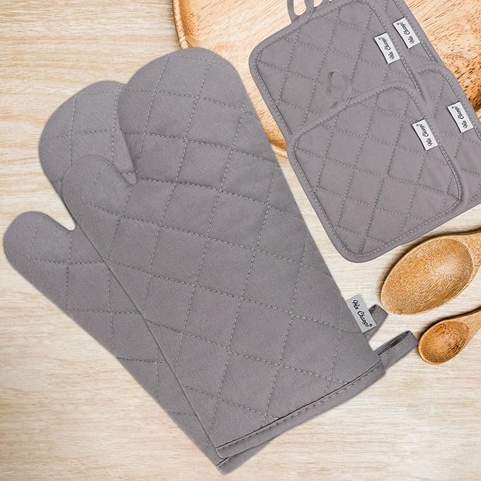 Oven Mitts and Pot Holders Sets,6 Pcs Oven Mitts and Potholders with Recycled Cotton High Heat Resistant Extra Thick Long Oven Mitts for Cooking(Gray)