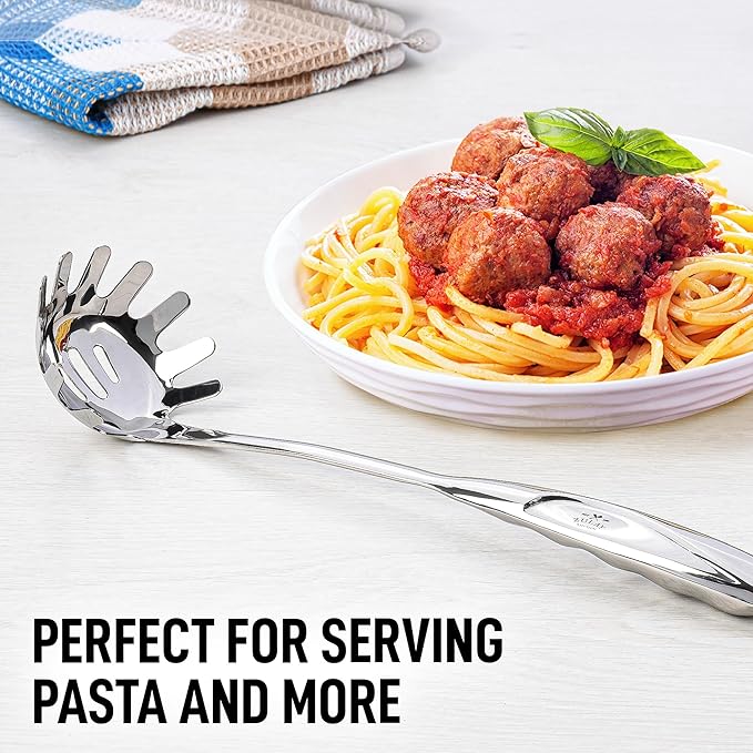 Zulay Kitchen Stainless Steel Spaghetti Spoon - 12” Pasta Spoon with Teeth & Draining Holes - Rust-Resistant Pasta Fork for Noodles & Pasta - Dishwasher Safe Utensil for Everyday Use