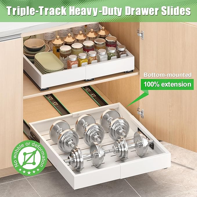 2 Pcs Pull Out Drawers for Cabinets Organizer Expandable Width(11.8"-19.4"), Depth(16.45"-21.7") With 3 Rails, No Drill Roll Out Drawer, Adhesive Sliding Drawers for Kitchen Pantry Storage Adjust