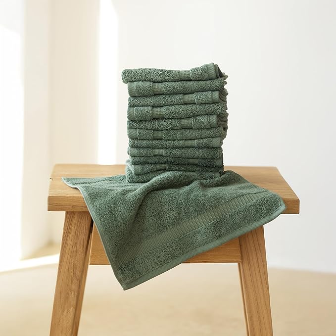 SALBAKOS 100% Turkish Cotton Washcloth Set of 12 13x13 inch | Heirloom Quality | Hotel & Spa Collection | Ultra Soft, Super Absorbent, Washcloth Towels | Made in Turkey (Green, 12 Washcloths)