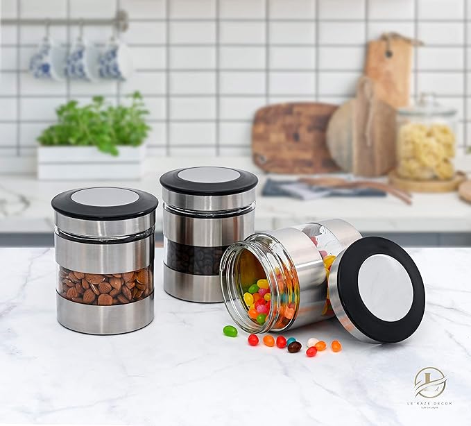 Le'raze Quality Stainless Steel Canister Set of 3 for Kitchen Counter with Glass Window & Airtight Lid - Food Storage Containers with Lids Airtight - Pantry Storage and Organization Set