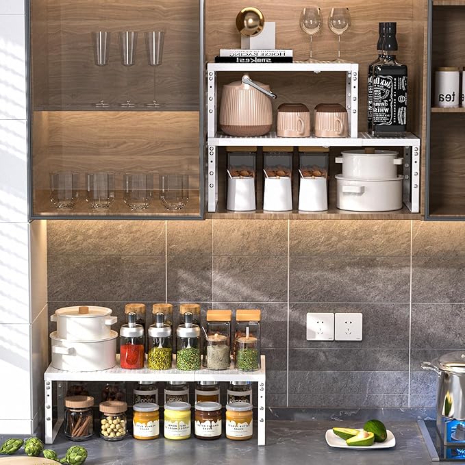 Cabinet Shelf,Expandable Adjustable Stackable Kitchen Organizer,for cabinets, Kitchens, countertops, bathrooms Shelf Organizer(3Packs/White,Large)