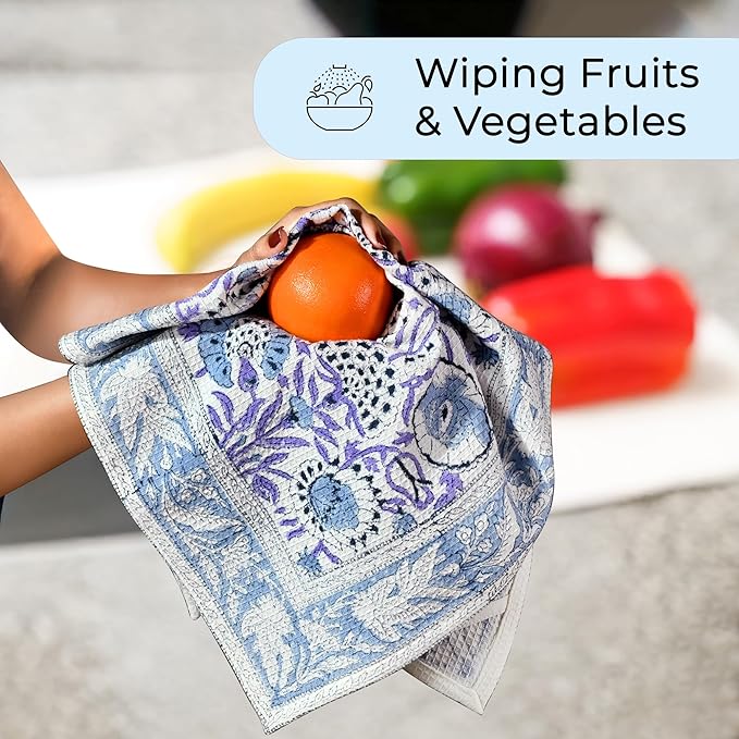 CPC Indigo Blue Hand Block Print Waffle Kitchen Towel Set of 3-16 x 28 Inch Ultra Absorbent Quick Dry Cotton Dish Towels Lightweight Reusable Sustainable Tea Towels for Cleaning and Drying