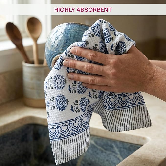ATOSII 100% Cotton Hand Block Print Waffle Kitchen Towel, Set of 3, 18 x 26 Inches Ultra Absorbent Quick Dry Dish Towels, Lightweight Reusable Sustainable Tea Towels for Cleaning and Drying, Roma Blue