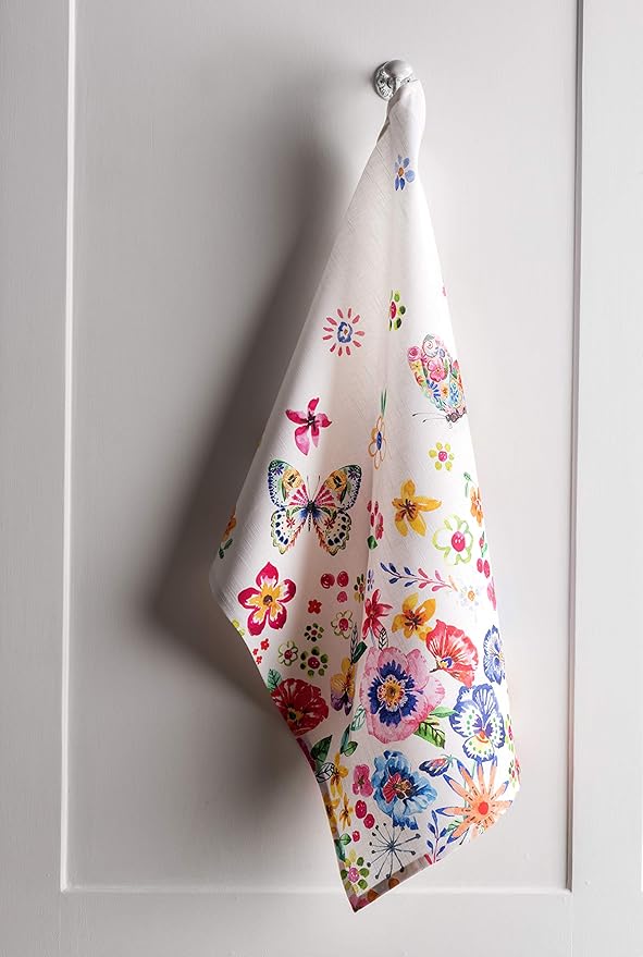 Maison d' Hermine Kitchen Towels Set of 3 100% Cotton 27.50" x 20" Reusable Cloth Tea Dish Towels Absorbent with Hanging Loop for Gifts for Mothers Day Spring/Summer (Happy Florals - High Summer)