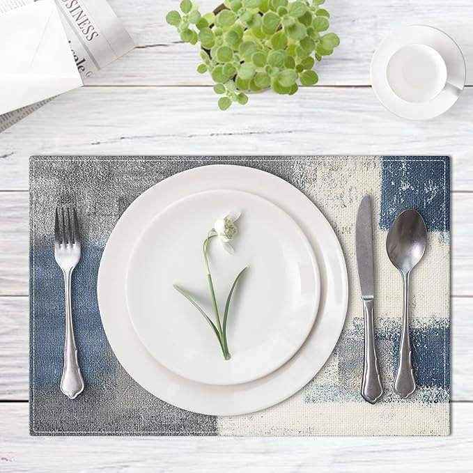 Emvency Farmhouse Placemats Set of 6, Abstract Modern Blue Geometric Minimalist 12x18 Inch Linen Rectangular Place Table Mats for Indoors & Outdoor Home Party Kitchen Dining Decoration