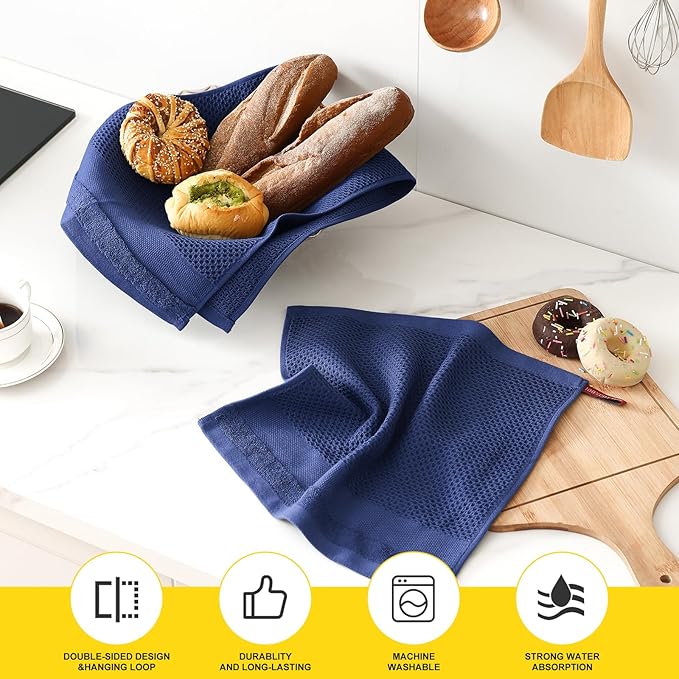 Homaxy Kitchen Towels and Dishcloths Set, 12 x 12 and 13 x 28 Inches, Set of 12 100% Cotton Waffle Weave Kitchen Towels, Super Soft and Absorbent Dish Cloths, Navy Blue