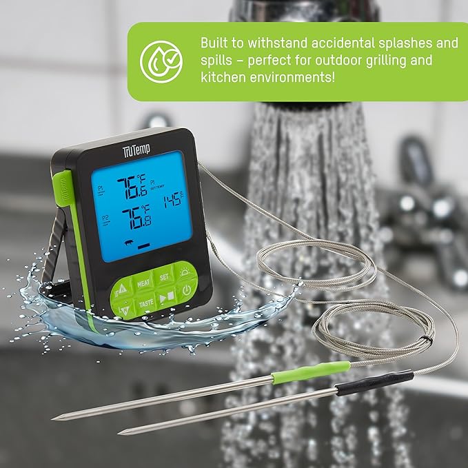 Taylor TruTemp Dual Probe Wired Programmable Meat and Food Thermometer, Digital for Cooking, Monitor Two Dishes with Two Probes for Baking, Grilling, and Roasting, User-Friendly, Backlit, Green