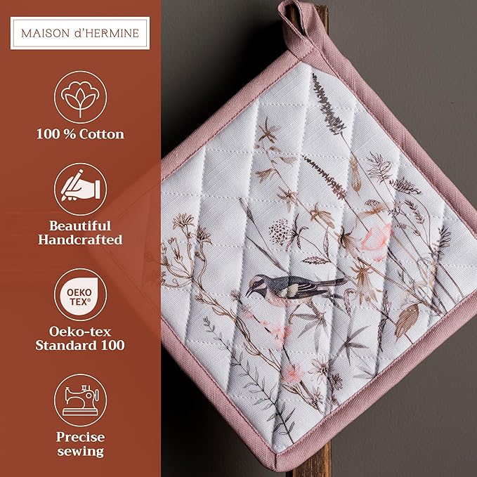 Maison d' Hermine Pot Holders 100% Cotton Heat Resistant Potholders 8" x 8" Hot Pads with Loop Baking Gifts for Mothers Day Handling Hot Pans Spring/Summer (Pack of 2, Meadow Florals - Brown)