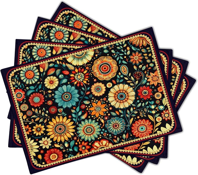 Boho Florals Placemat Set of 4 Colorful Flower Linen Place Mat for Home Decor