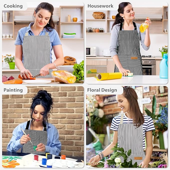 2 Pack Aprons for Women with Pockets, Kitchen Cooking Apron for Men, Adjustable Apron Suitable for Chefs, Waiters, Baking, and Nail Technicians