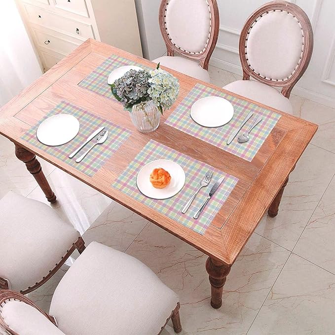 Spring Place mats Set of 4,12x18 Inches Colorful Plaid Stripes Placemats Rectangle Easter Decor Pink Green Purple Linen Table Mats for Party Home Kitchen Dining Table Decoration