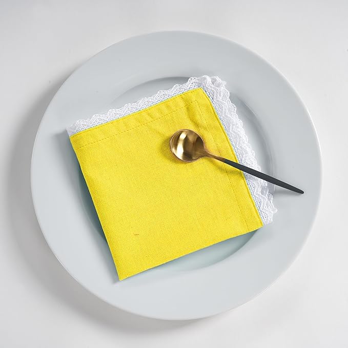 Fingercraft Dinner Cloth Napkin Cotton Linen Blend 12 Pack 12In Mitered Corners with Elegant Lace for Everyday Use Napkins Cloth are Pre Shrunk and Good Absorbency Yellow