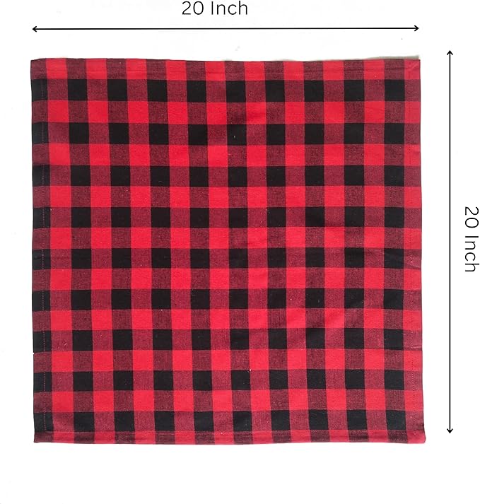 FINGERCRAFT Cloth Napkins, Everyday Use, Premium Quality, Cotton Buffalo Plaid, Set of 12, 20X20 Inch Oversized Napkins Cloth Mitered Corners, Soft, Durable Hotel Quality Red Black Checkered