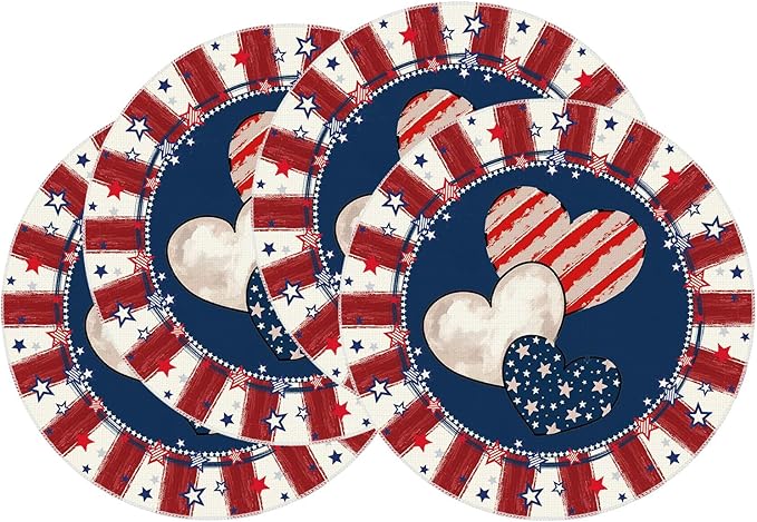 Heart Stripe Stars 4th of July Round Placemats Set of 4 14x14 Inch Patriotic America Memorial Day Independence Day Table Decorations Cloth Table Mats