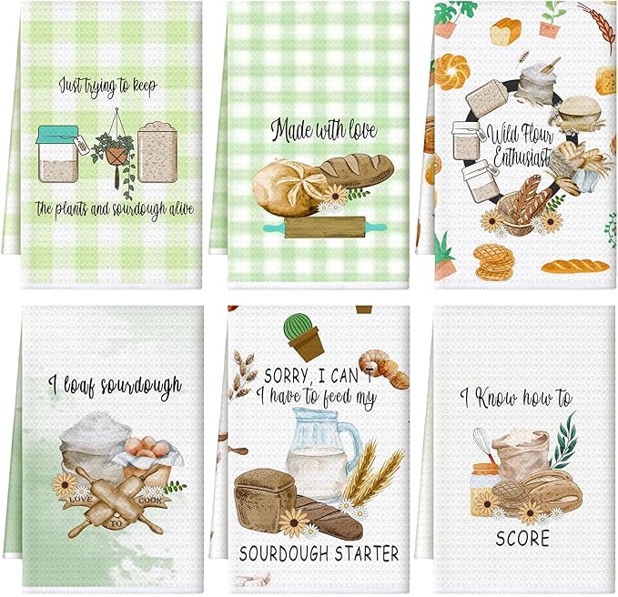 Peryiter 6 Pcs Sourdough Baking Kitchen Towel 16 x 24 Inch Green Sour Dough Proofing Flour Sack Tea Towel Gift for Baking Sour Dough Cloths for Sourdough Bread Cloths for Kitchen Women Chef Bake Lover