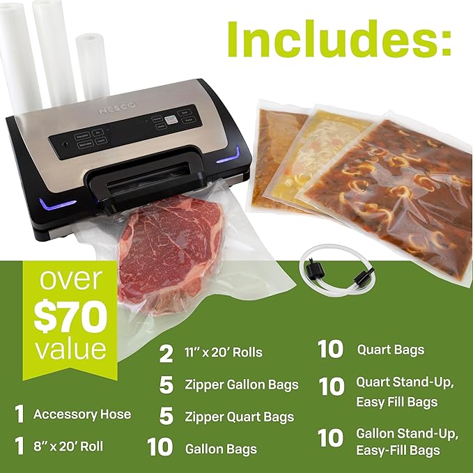 Nesco Premium Vacuum Sealer Kit featuring LiquidLock™, Includes large variety of Bags and Rolls VS-22LB, Built-in Canister Sealing Function