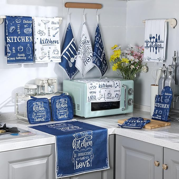 12 Pcs Farmhouse Kitchen Oven Mitts and Pot Holders Decor Sets 4 Blue Kitchen Hand Towels 4 Absorbent Dishcloths 2 Pot Holders 2 Oven Mitts Glove for Home Decorations Mom Baking Cooking Grilling Gift