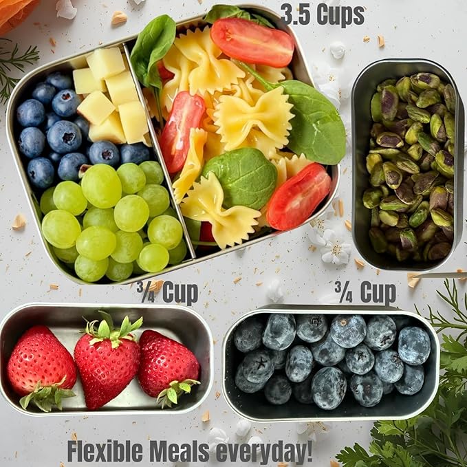 Modaniam Stainless Steel Lunch Box Containers, 27 OZ, Stainless Steel Bento Box, Metal Lunch Box, Sandwich & Snack Containers, Leak Proof SIlicone Lids, Korean Style,Small Vanilla