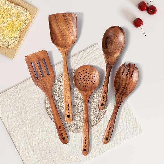 Wooden Spoons for Cooking, Wooden Utensils for Cooking Natural Teak Wooden Kitchen Utensils Set Comfort Grip(5 PCS SET)