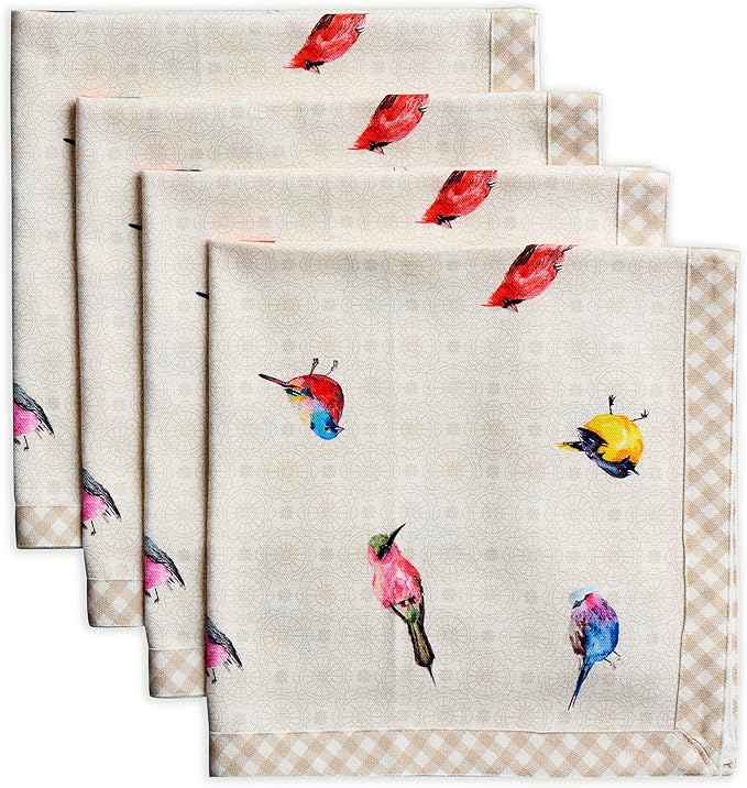 Maison d' Hermine Cloth Napkins Set of 4 100% Cotton Everyday Reusable Square Napkins Cloth Washable, Dinner, Party, Wedding, Restaurant, Spring/Summer (Birdies On Wire, 20" x 20")