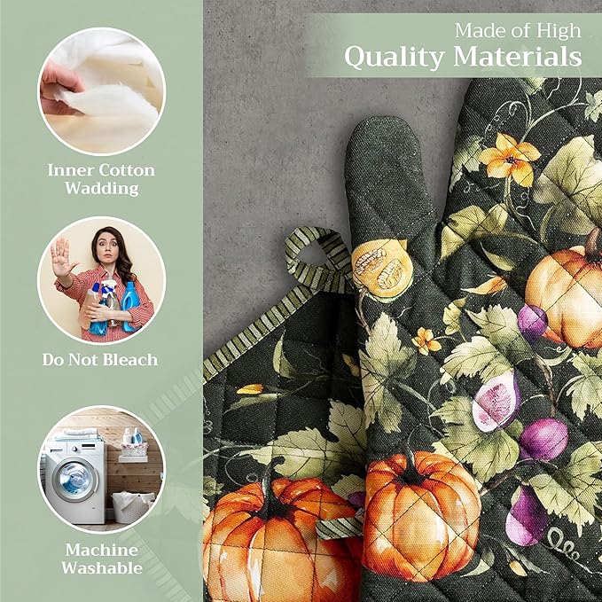 Maison d' Hermine 100% Cotton Oven Mitt & Pot Holder Set (7.5"x13" & 8"x8") Heat Resistant BBQ Cooking Gloves with Loop for Christmas Decorations Handling Hot Pans (Pumpkin Garden - Dark Green)