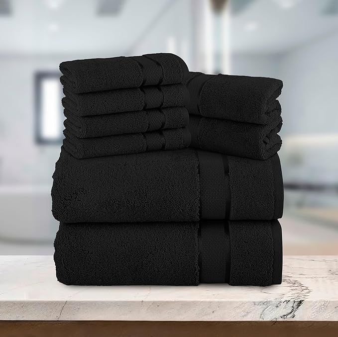 Elegant Comfort Premium Cotton 8-Piece Towel Set, Includes 4 Washcloths, 2 Hand Towels and 2 Bath Towels, 100% Turkish Cotton - Highly Absorbent and Super Soft Towels for Bathroom, Black