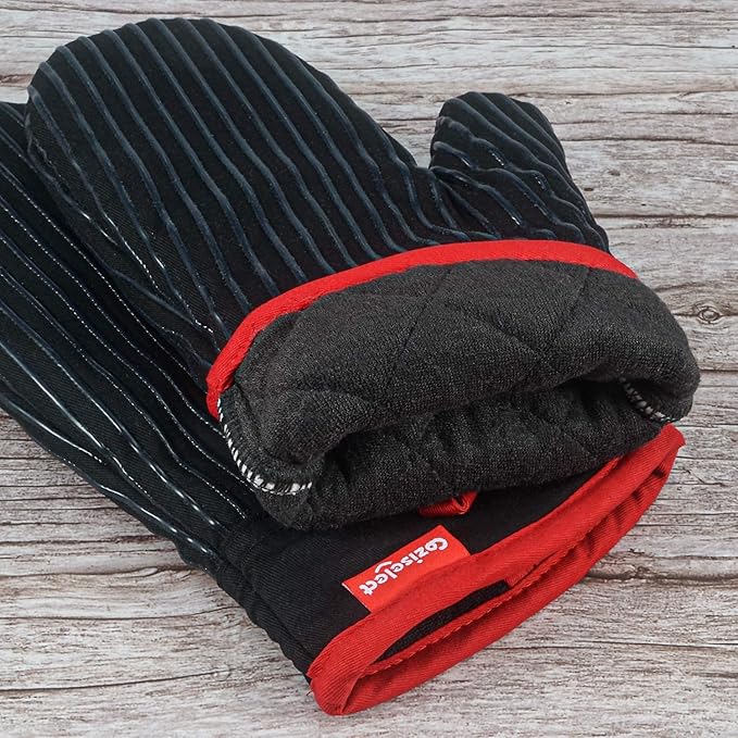 Oven Mitts Set, Oven Mitt Heat Resistant, Cotton Oven Mitts 500 Degrees, Oven Gloves for Kitchen Cooking Grill, Kitchen Mitts for Oven, Black Oven Mits Heavy Duty Thick