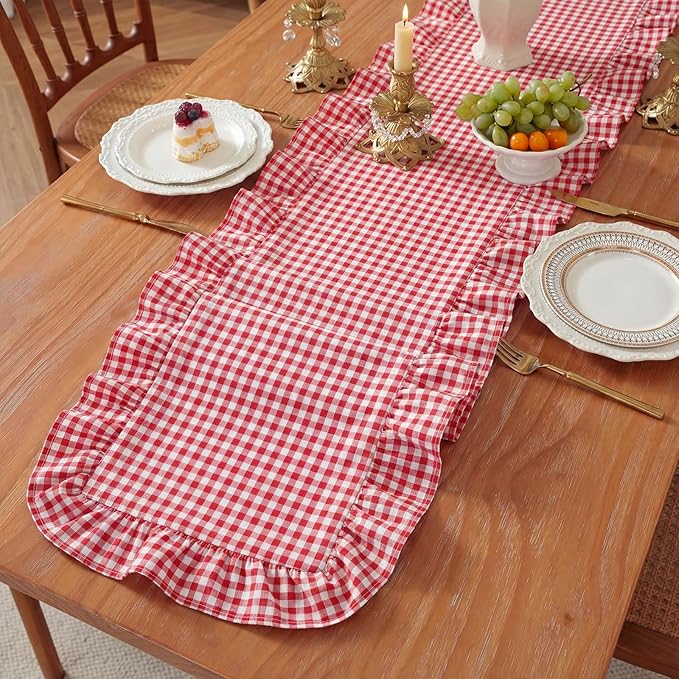 HunnmingRe 1 Pcs Red Plaid Gingham Ruffle Table Runner 118 x 13.8'' Farmhouse Table Runner 100% Cotton Scalloped Long Dresser Scarves for Dining Room, Wedding, Kitchen Rustic Home Decor