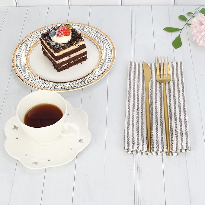 Plain Striped Cotton Linen Blended Dinner Cloth Napkins - Set of 12 (40 x 30 cm) - for Events & Home Use (Brown)