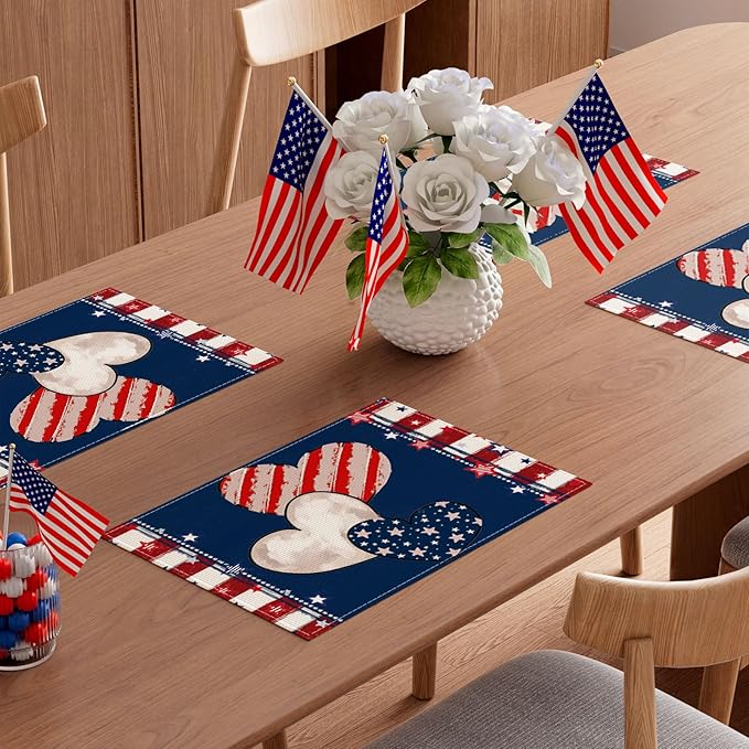 Heart Stripe Stars 4th of July Placemats Set of 6 12x18 Inch Patriotic America Memorial Day Independence Day Table Decorations Cloth Table Mats